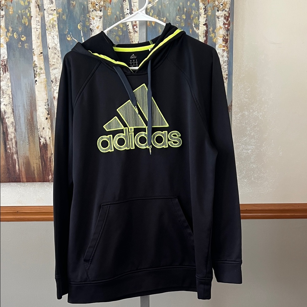 Adidas Black Hoodie with Bright Yellow Highlights, Size L